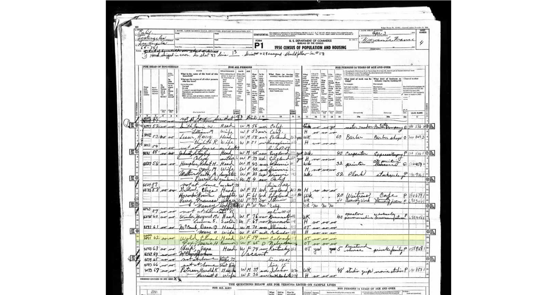 1950 Census, McComb, Dana Quick, 70 IL, Mary Olive 65, CO, Edna L. Wold 59 C, LA, LA, CA, ED 66-343, Sht 4. 1950 Census, McComb, Dana Quick, 70 IL, Mary Olive 65, CO, Edna L. Wold 59 C, LA, LA, CA, ED 66-343, Sht 4.
